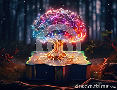 A multi-colored brain in the form of a tree that grows in a beautiful forest. Generative AI Stock Photo