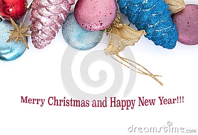 Multi-colored Christmas toys on a white background. Stock Photo