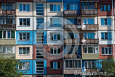 Multi-colored colored five-story house Stock Photo