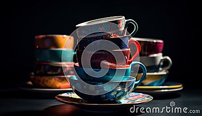 Multi colored crockery stack on wooden table, pottery mug collection decoration generated by AI Stock Photo