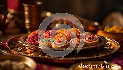 Multi colored decorations adorn the homemade Indian dessert generated by AI Stock Photo