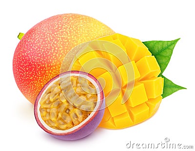 Multi-colored exotic composition with fruit mix of passion fruit and mango, isolated on a white background with clipping path Stock Photo