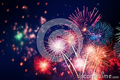 Multi colored fireworks salute new year 2024 magic night bright light effects show illuminated holiday celebrate Stock Photo