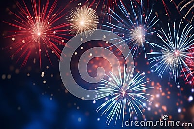 Multi colored fireworks salute new year 2024 magic night bright light effects show illuminated holiday celebrate Stock Photo