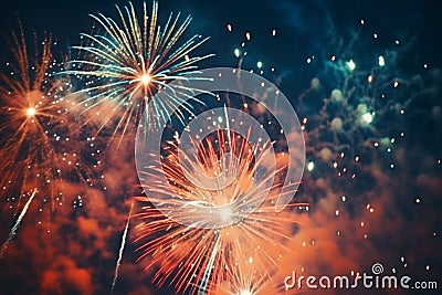 Multi colored fireworks salute new year 2024 magic night bright light effects show illuminated holiday celebrate Stock Photo