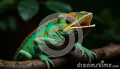 Multi colored gecko perched on green leaf generated by AI Stock Photo