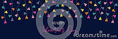 Multi-colored Happy Valentine's Day Holiday Heart String Lights on Dark Background Horizontal Banner Vector Illustration