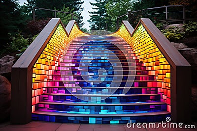Multi-colored high staircase in the city. Rainbow colored steps. Bright city concept. Stock Photo