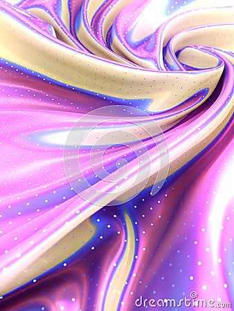 Multi colored iridescent wavy fabric with polka dot glitter pattern 3d rendering Cartoon Illustration