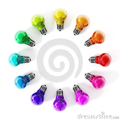 Multi colored lightbulbs in circle formation. 3D illustration Cartoon Illustration