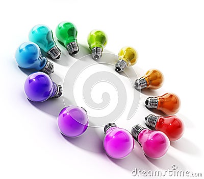 Multi colored lightbulbs in circle formation. 3D illustration Cartoon Illustration