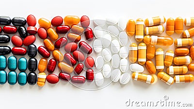 Multi-colored medical drugs tablets, oil capsules and vitamins, white background. Healthy lifestyle medicine, healthcare Stock Photo