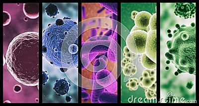Multi-colored microbes. A combined image of various micro organisms in color. Stock Photo