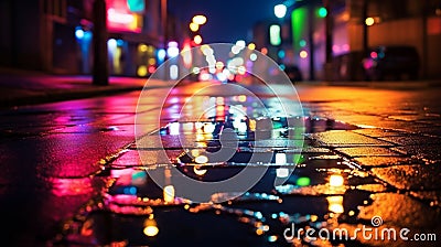 Multi-colored neon lights on a dark city street, reflection of neon light in puddles and water. Stock Photo