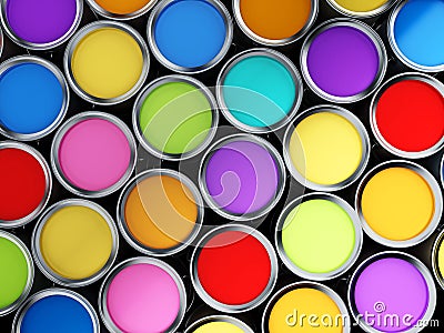 Multi colored paint cans background. 3D illustration Cartoon Illustration