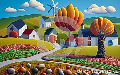 Multi-colored pebbles intricately placed to create houses, a windmill, and a lone autumn tree with fiery red leaves Stock Photo