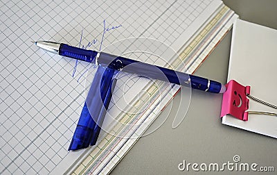 Multi-colored pens beautifully laid on the writing table. Stock Photo