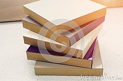 Multi-colored pieces of MDF, close-up Stock Photo