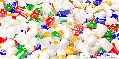 Multi colored pill capsules heap frame filling background, medical treatment, pharmaceutical or medication concept Cartoon Illustration