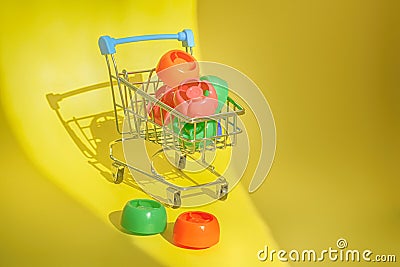 Multi-colored plastic corks from baby food, zero life-style waste, recycling garbage, environmental awareness Stock Photo