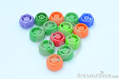 Multi-colored plastic corks , zero life-style waste, recycling garbage, environmental awareness Stock Photo
