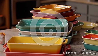 Multi colored plastic crockery stack in kitchen cabinet generated by AI Stock Photo
