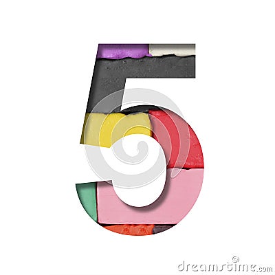 Multi-colored plasticine font. The digit five, 5 is cut out of paper on a background with a piece of colored plasticine. Set of Stock Photo