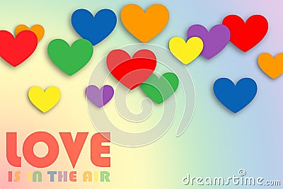 Multi-colored rainbow hearts of different sizes with shadow on a gradient background, and the inscription: love is in the air Stock Photo