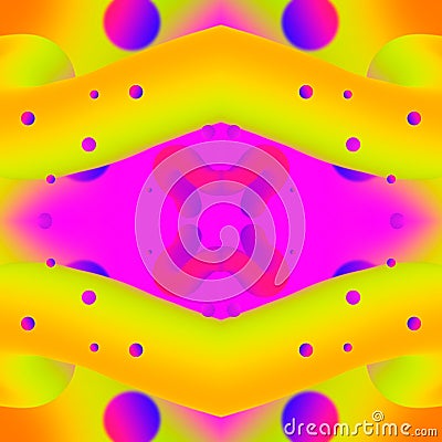 Multi-colored seamless mirror abstraction with symmetrical yellow and pink liquids and balls on a gradient background. 3D image Stock Photo