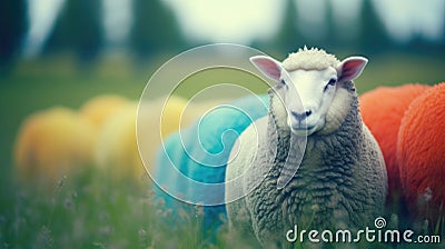 Multi-colored sheep, green pastures on blurred background Stock Photo