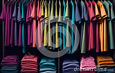 multi colored shirts hang in Wardrobe Stock Photo