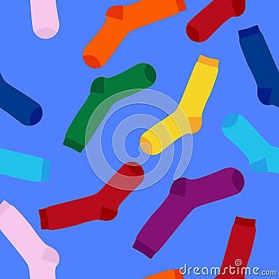 Multi-colored socks on a blue background seamless pattern. View from above Stock Photo