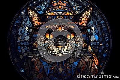 multi-colored stained-glass window with a cat's head in a cap for Halloween Stock Photo