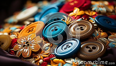 Multi colored textile collection, close up pattern, decoration, embroidery, sewing item generated by AI Stock Photo