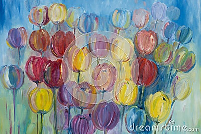 Multi colored tulips painted with watercolours, art background or pattern Stock Photo