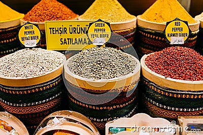 Multi colored turkish spices at the bazaar. Stock Photo