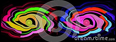 Multi-colored waves diverge from illuminated circles on a black background. Set of abstract fractal patterns. 3d illustration. 3d Cartoon Illustration