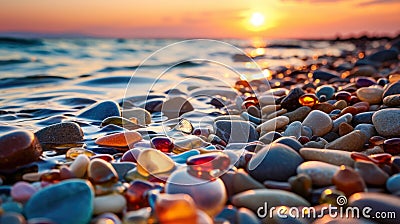 Multi-colored wet pebbles on the seashore against beautiful sunset. Empty pebble beach by the sea, sunset on the horizon Stock Photo