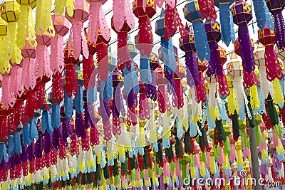 Multi Colors Lanna Lanterns Style Hanging in The Temple thai Stock Photo