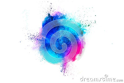 Multi colour powder explosion on white background. Launched colourful dust particles splashing Stock Photo