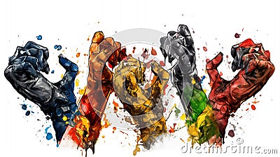 multi coloured fists punching upwards, unity, anti racism concept, Stock Photo