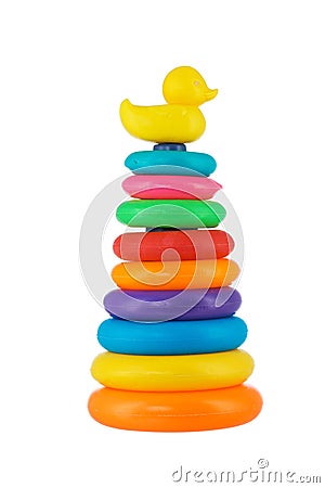 Multi-coloured plastic stacking rings toy isolated on white back Stock Photo
