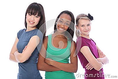 Multi cultural group teenage school girl friends Stock Photo