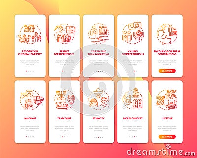 Multi cultural unity onboarding mobile app page screen set with concepts Vector Illustration