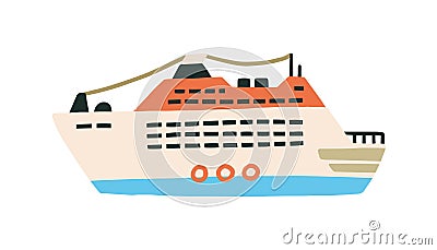 Multi-deck cruise ship or ferry in Scandinavian style. Passenger sea vessel isolated on white background. Colored flat Vector Illustration