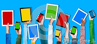 Multi Ethnic Arm Raised Unity Togetherness Digital Device Concept Stock Photo