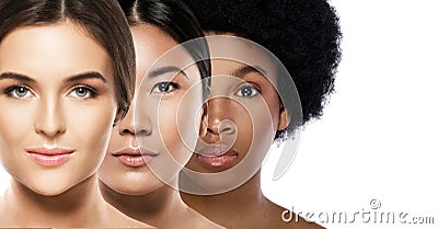 Different ethnicity women - Caucasian, African, Asian on white Stock Photo