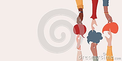 Banner. Arms and hands holding speech bubble. Agreement or affair between a group of colleagues or collaborators.Diversity People Vector Illustration