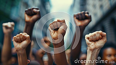 Multi ethnic fists raised up in sign of protest and social unrest, cut out, isolated on black background. Stock Photo