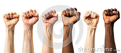 Multi ethnic fists raised up in sign of protest and social unrest, cut out, isolated on transparent background. Stock Photo